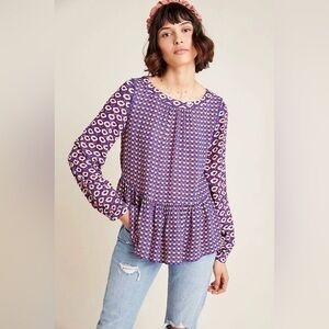 Maeve by Anthropologie Top Colorful Multi Geometric Peplum Cheyenne Blouse Sz XS